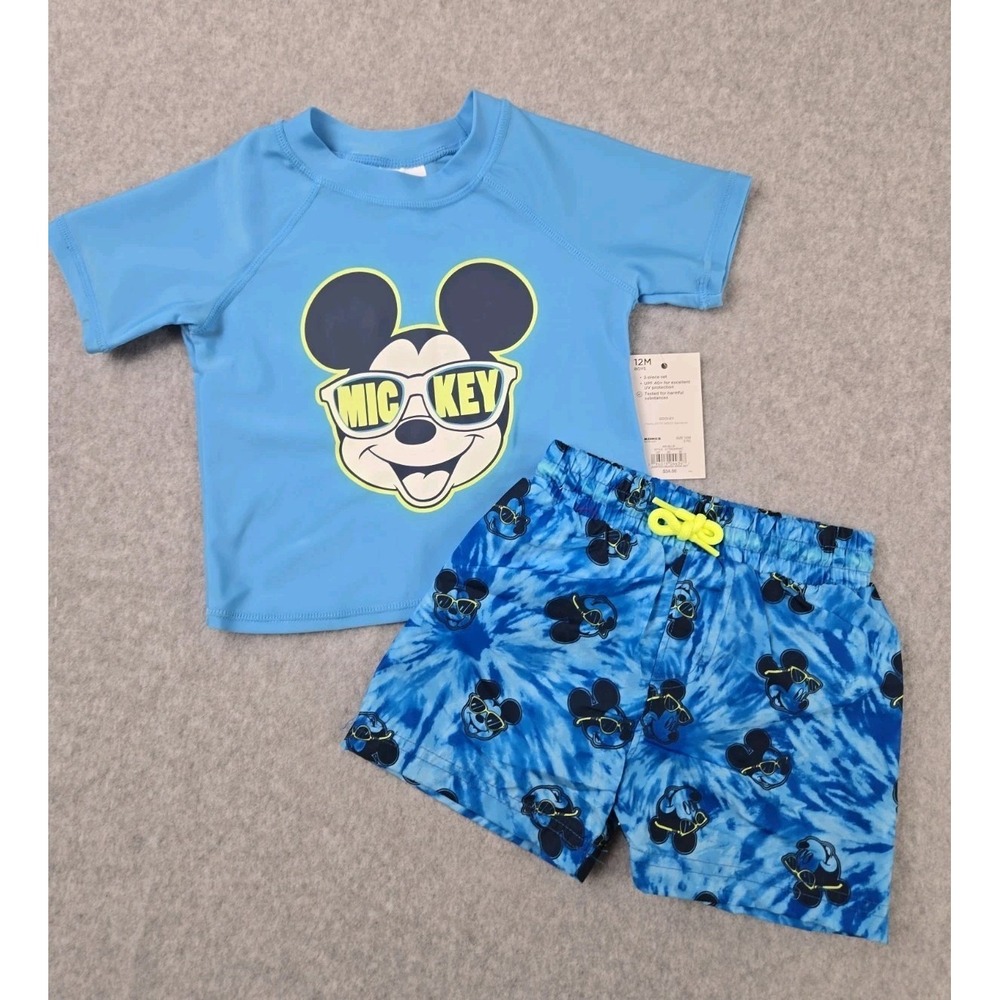 Jumping Beans Mickey Boys 2 pc Swim Set Size 12 Months Rash Guard Top Trunks NWT